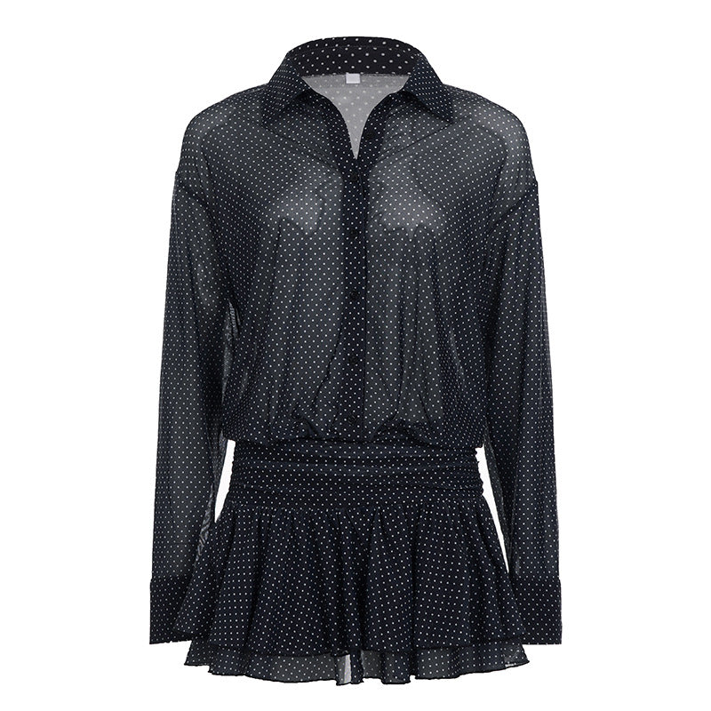 Sexy V Collar Polka Dot Mesh Long Sleeve Dress Women Ruffled Cinched Short Dress