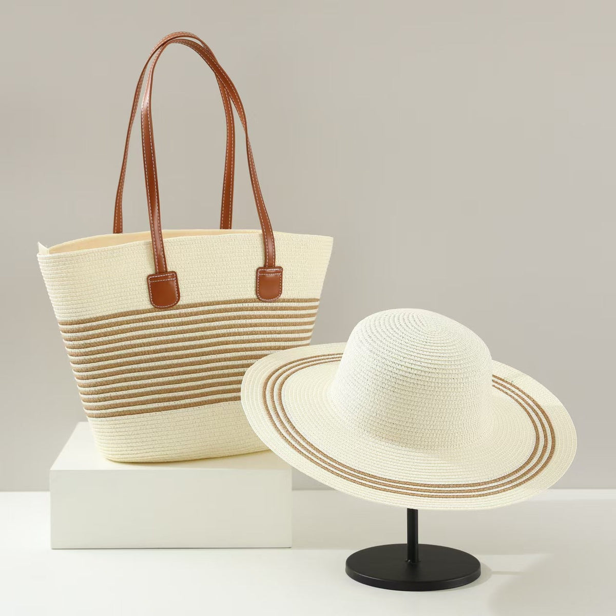 Straw Hat & Tote Two-Piece Set – Wide-Brim Beach Duo, Large Capacity Striped Vacation Kit