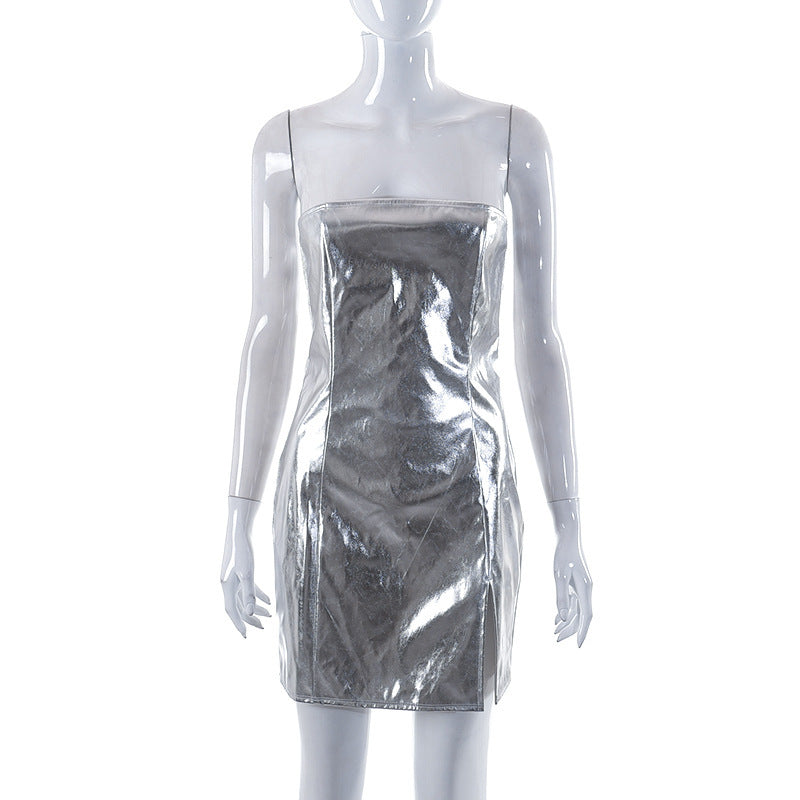 Women Clothing Spring Summer Metallic Color Tube Top Cinched Waist Package Hip Split Ladies Dress Women