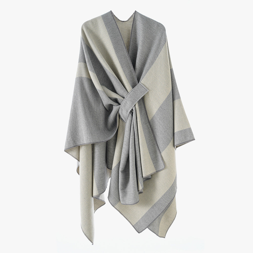 Double Sided Cape Shawl Outer Wear Women Striped Bar Shawl High Sense Cape Shawl