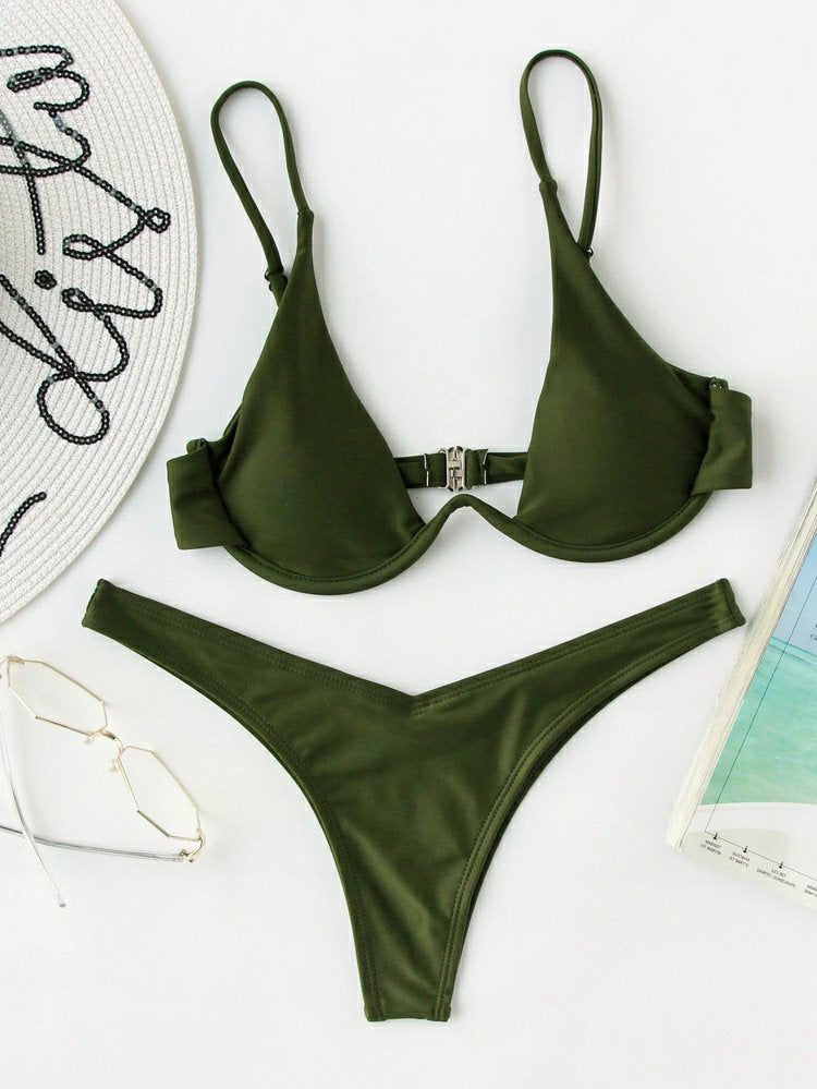 Sexy Bikini Split Gathering Steel Bracket Solid Color Swimsuit Women
