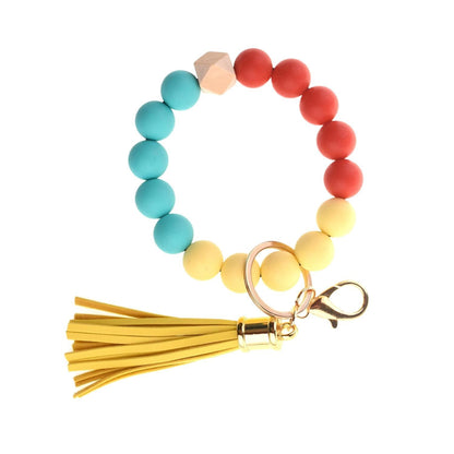 PU Tassel Keychain Bag charm Silicone Beaded Keychain Wristlet Key Ring Bracelet Cute Car Key Chain Holder for Women Girls