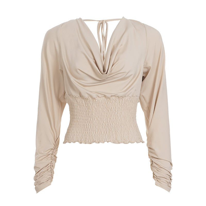 Retro Swing Collar Backless Slim Fit Long Sleeved T shirt Women Waist Tight Solid Color All Matching Basic Top