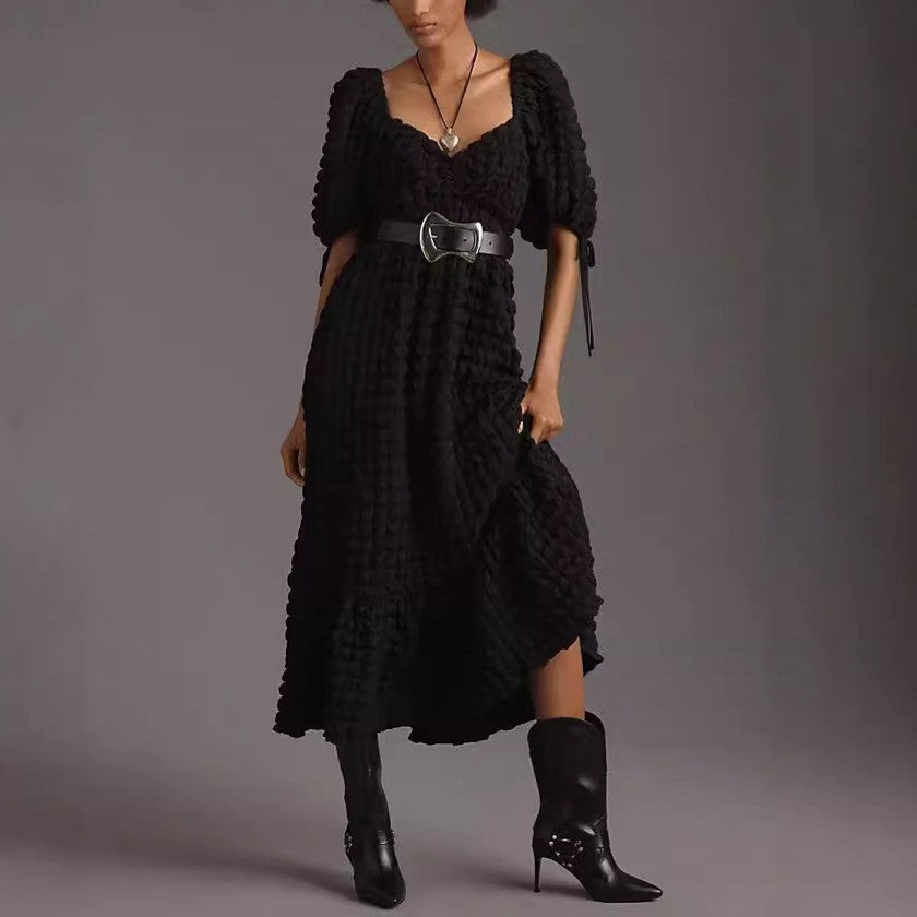 Bubble Sleeve Women Elegant Dress Long Short Sleeve French Tied Vacation Dress