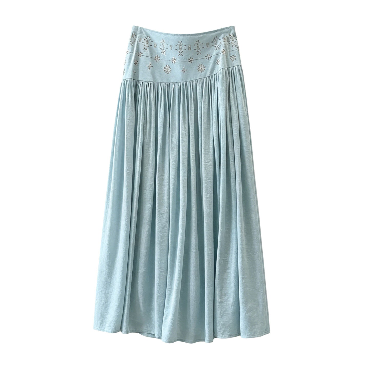 Heavy embroidery drilling elastic waist pleated cotton linen skirt Women summer holiday slim looking a line large hem Maxi Skirt