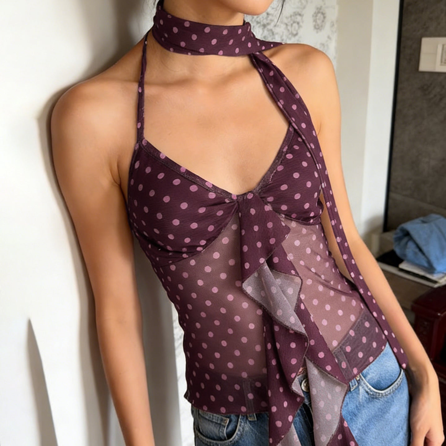 Retro Dots Wooden Ear Swing Halter Lace up Camisole Mesh Stitching Scarf Sleeveless Top