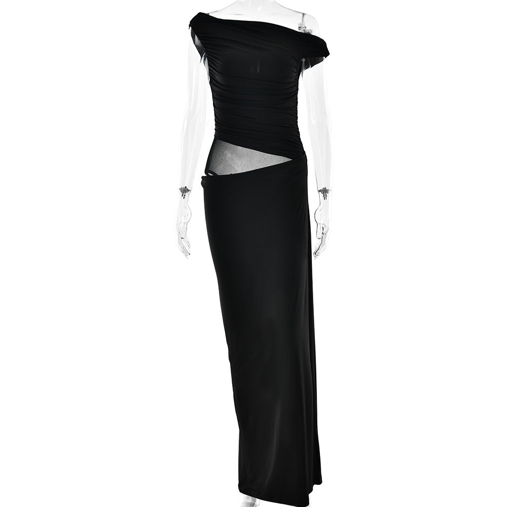 Summer Pleated Women Dress Sexy Sexy One Shoulder Waist Baring Slim Fit Dress