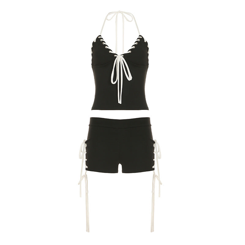 Summer Casual Women Wear Rope Strap Two Piece Set Contrast Color Halterneck Vest Sheath Shorts Pants Set