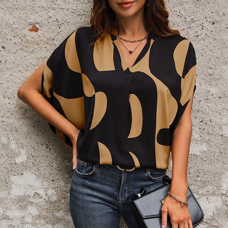 Summer Women Clothing Short Sleeve Pullover V neck Printed Shirt