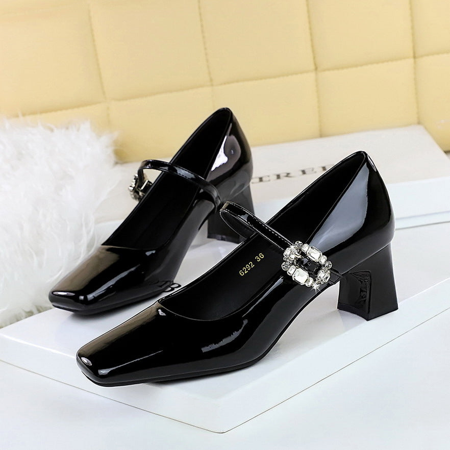 Cocktail Mary Jane Women Shoes Square Toe Low Cut Patent Leather Strap Rhinestone Buckle Chunky Heel Mid Heel Shoes