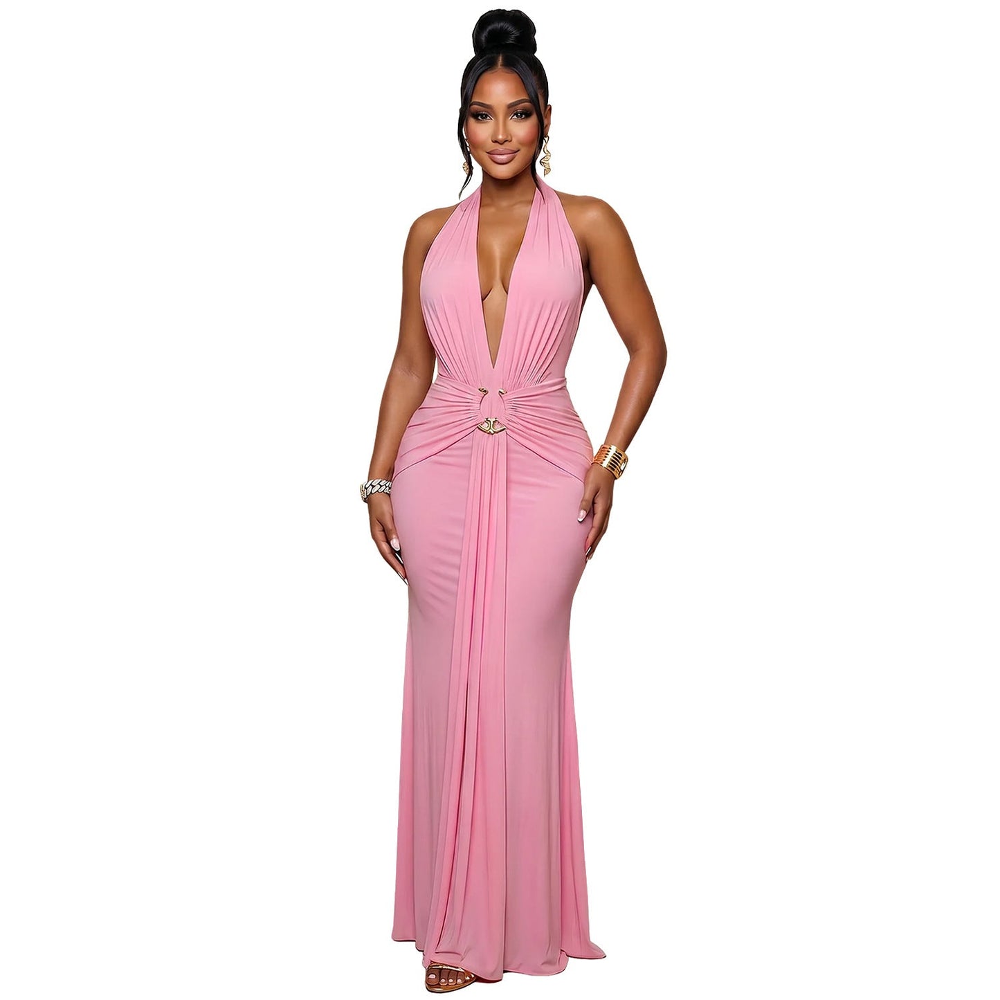 Women Halter Deep V Plunge Pleated Fishtail Evening Dress Slim Fit Cocktail Party Dress