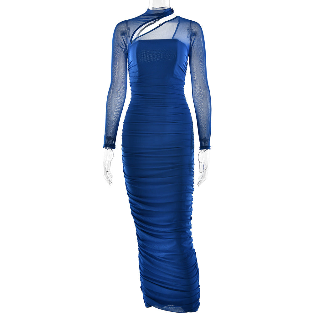 Women Dress Mesh round Neck Long Sleeve Backless Tube Top Slim Fit Pleated Dress