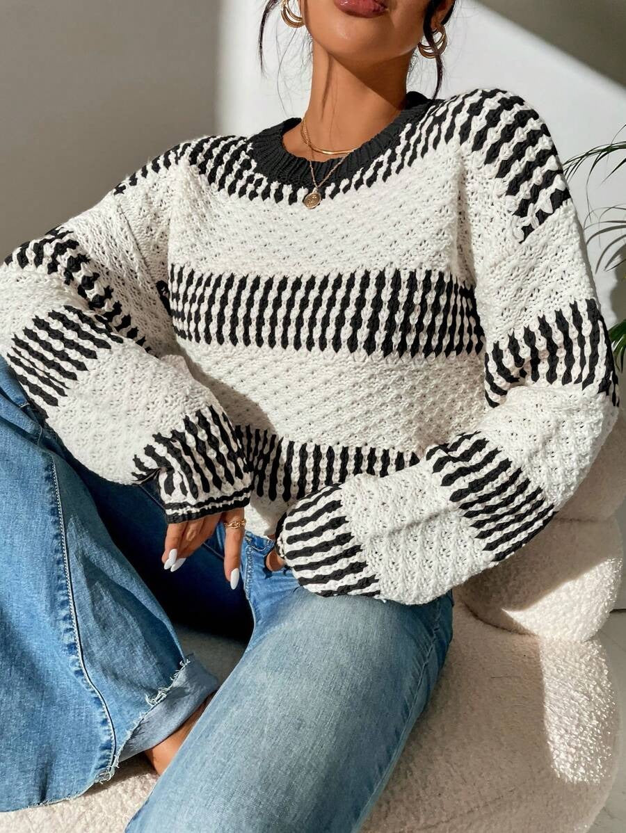 Women Clothing Autumn Winter Casual Loose Sweater Contrast Color Striped Stitching Sweater