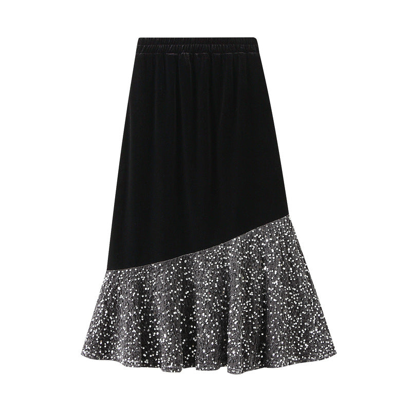 Fishtail Skirt Autumn Winter Velvet Stitching Sequined Skirt Slim Fit Show Thin Black Women