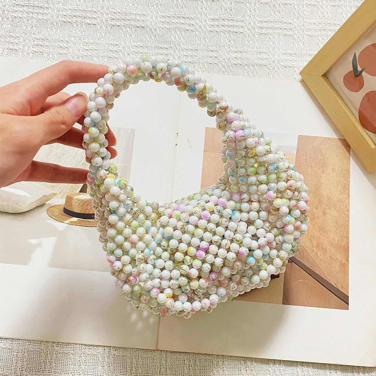 Fashionable Elegant High Grade Handmade Beaded Imitation Pearl Pillow Dumpling Woven Bag French Entry Lux Handbag