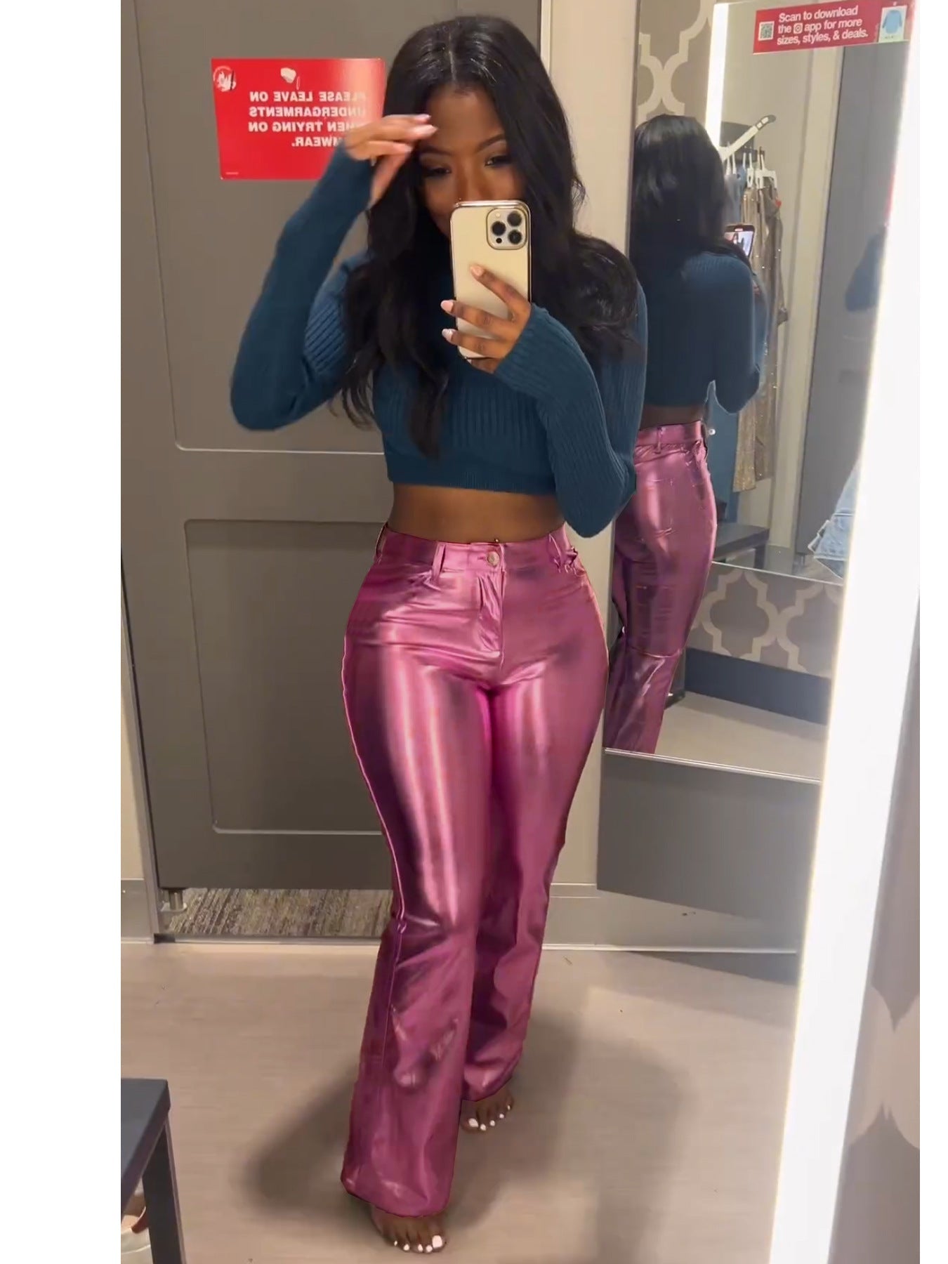 Women Clothing Autumn Winter Metallic Bright Small Horn Casual Length Leather Pants