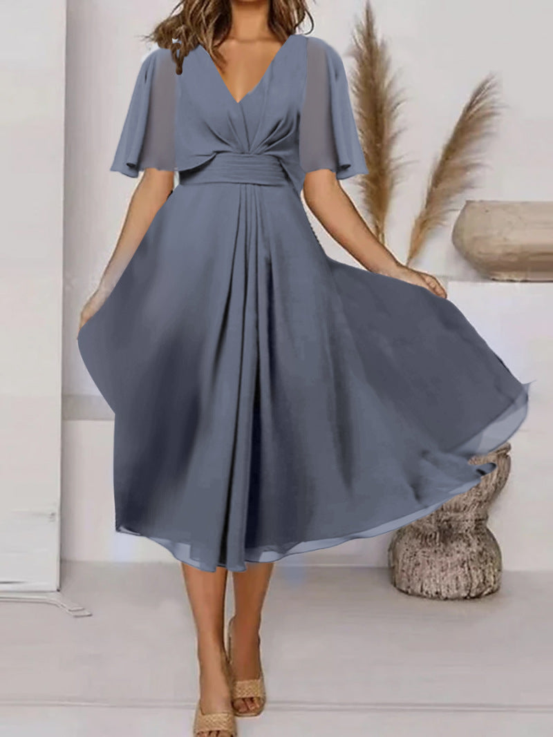 Summer Solid Color V Neck Waist Trimming Casual Swing Dress