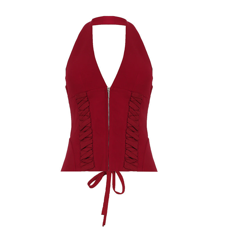 Lace up Sexy Halterneck Vest Deep V Plunge Sexy Short Top