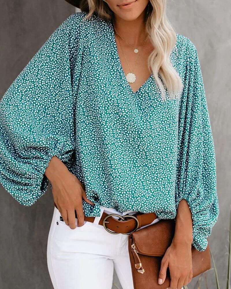 Spring Summer Women V-neck Lantern Sleeve Printed Long-Sleeved Top