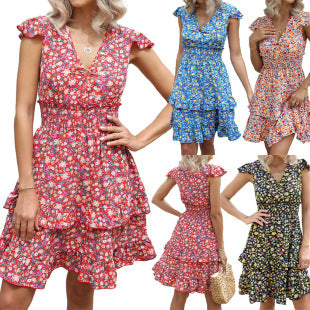 Spring Women's Bohemian Print Dress Long Sleeve V-Neck Tie A-Shape Dress Style