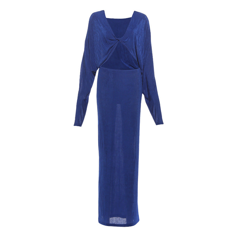 Fall Winter Women Solid Color Sexy V neck Cropped Hollow Out Cutout out Batwing Shirt Dress for Women