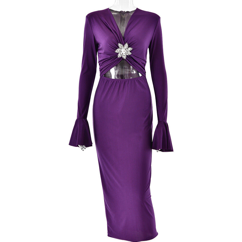 Spring Summer V Neck Bell Sleeve Dress Fashionable Elegant Sexy Sexy Tight Fishtail Dress