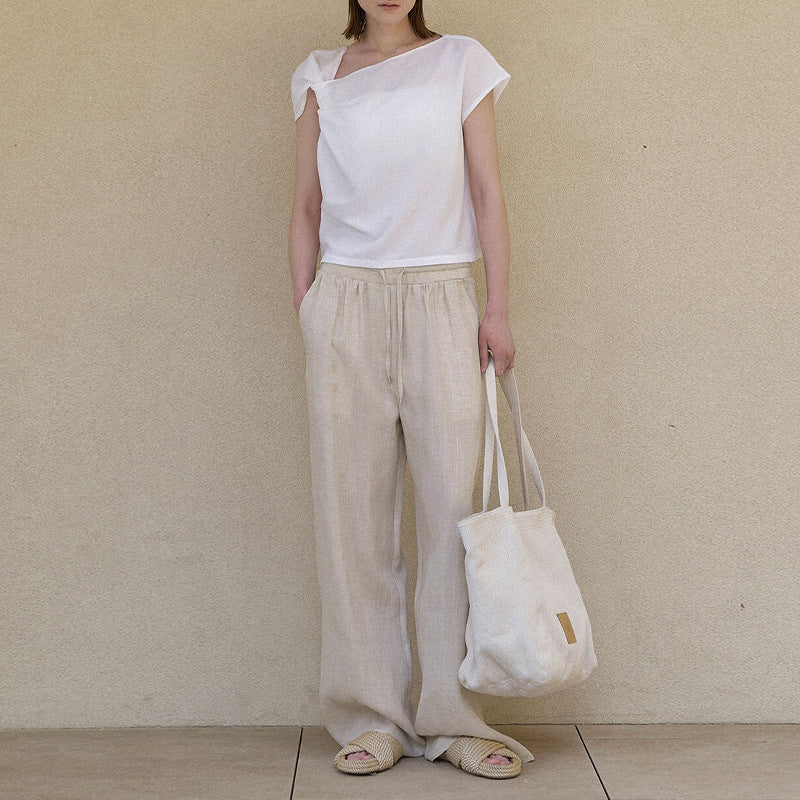 Pure Linen Office Casual Pants Spring Summer Solid Color Minimal Women Double Side Pocket Long Straight Leg Pants