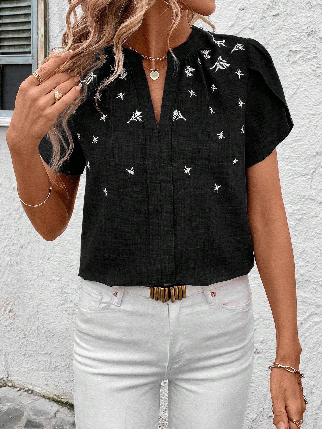Spring Summer Half Open Collar Short Sleeve Shoulder Wrinkle Pullover Solid Color Printing Shirt T Top for Women