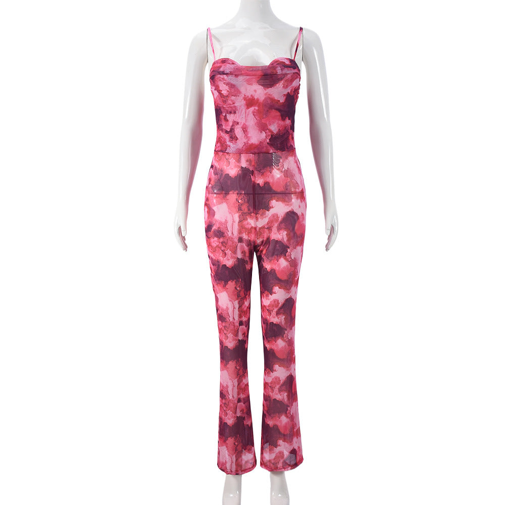 Women Clothing Autumn Mesh Floral Print Backless Sexy Suspenders Jumpsuit