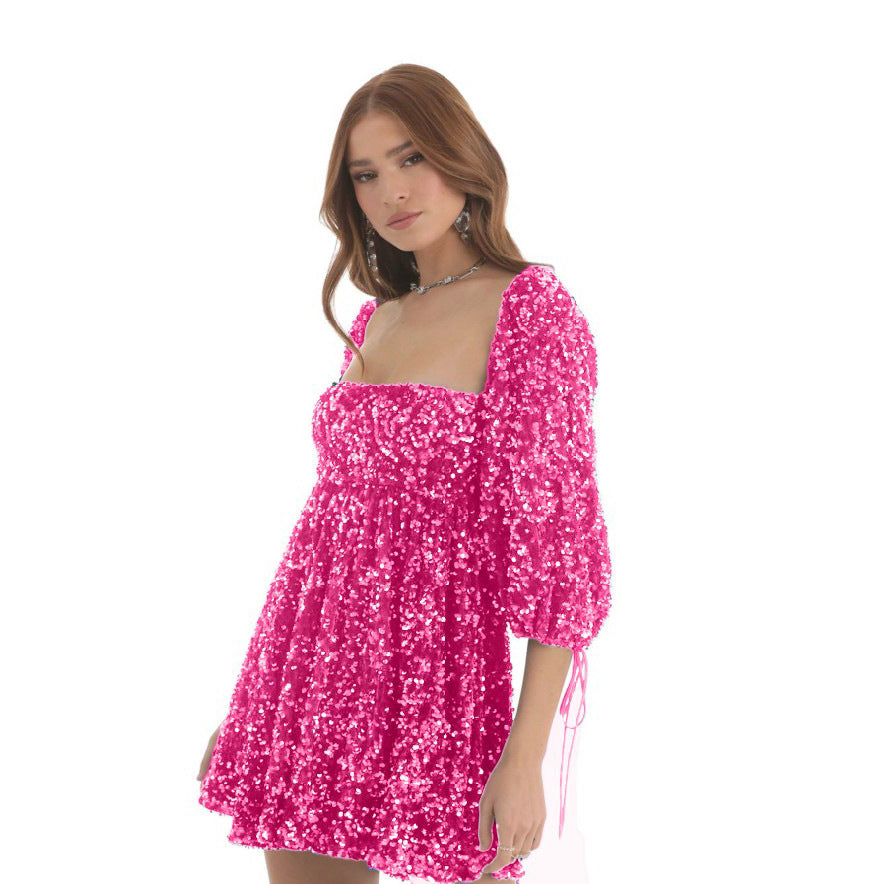 Plus Size Loose Version Sequin Dress Summer Casual round Neck Short Sleeve Solid Color Wide Hem Dress