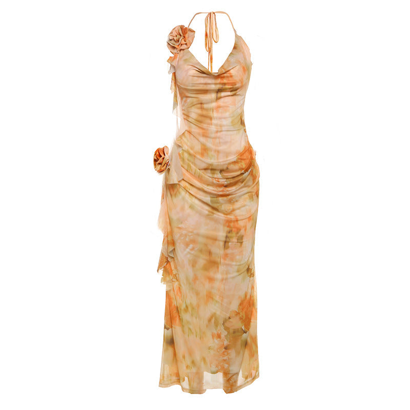 Women Clothing Spring Summer Sexy Printing Halter Lace up Mesh V neck Dress Women