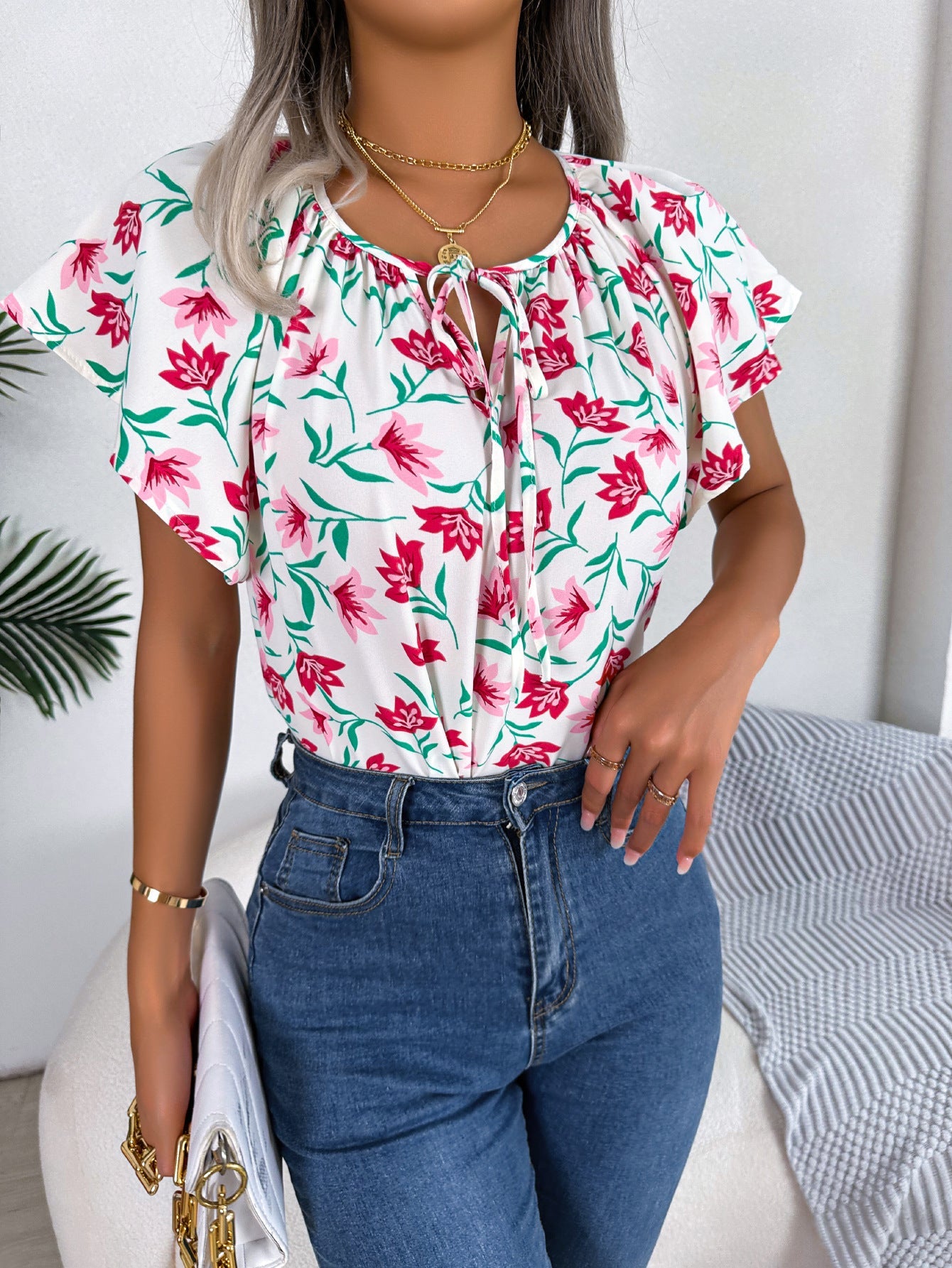 Spring Summer Casual Loose Lotus Leaf Self Tie Chiffon Shirt Top Women Clothing