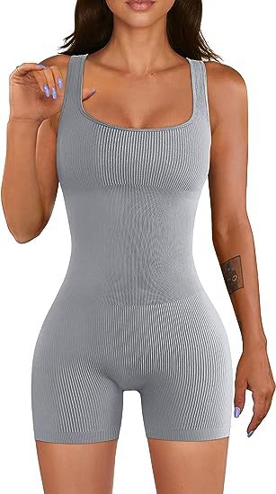 Women Yoga Jumpsuit Workout Ribbed Square Collar Sleeveless Sports Jumpsuit
