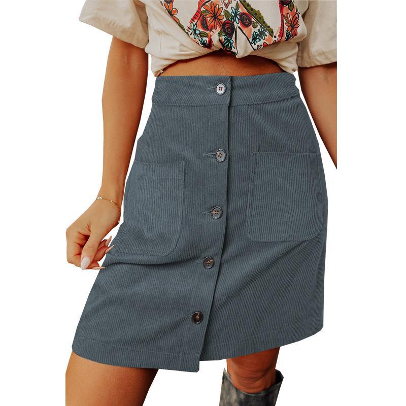 Women Autumn Winter Corduroy Skirt High Waist All Matching Skirt Breasted Design Skirt