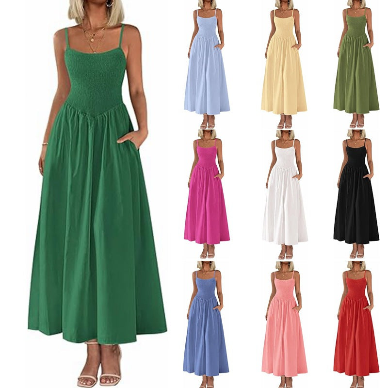 Women's Wear, Thin Shoulder Strap Pleated Vest, Suspender Pocket Dress