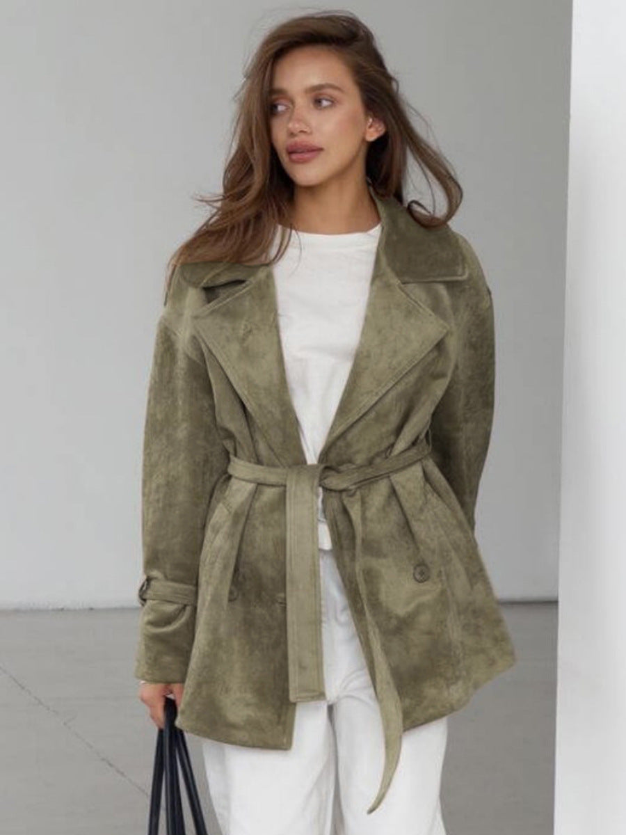 Retro Suede Fabric Jacket Coat Autumn Winter Polo Collar Lace up Waist Trimming Coat