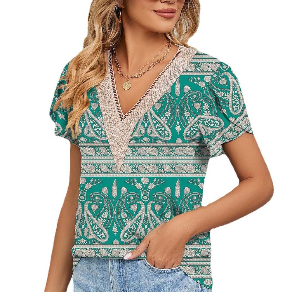 Spring Summer Golden Lace V Neck Petal Short Sleeve Floral T Shirt Top