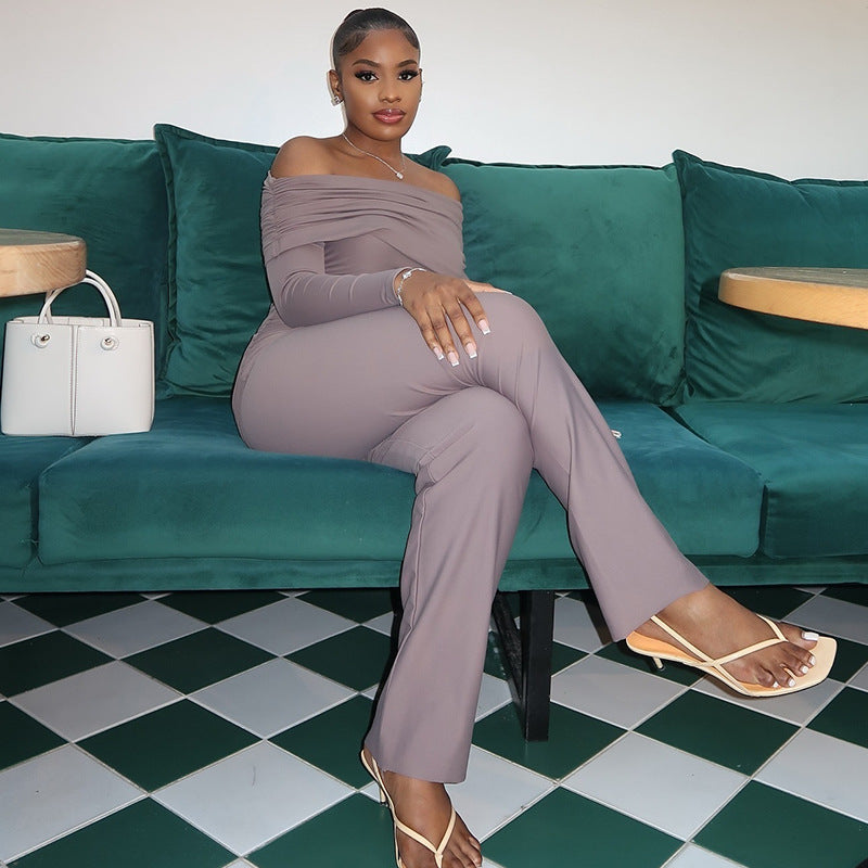 Solid Color Women Clothing Comfort Casual Solid Color Pleated Long Conjoined Trousers Raglan Long Sleeve Tube Top Jumpsuit