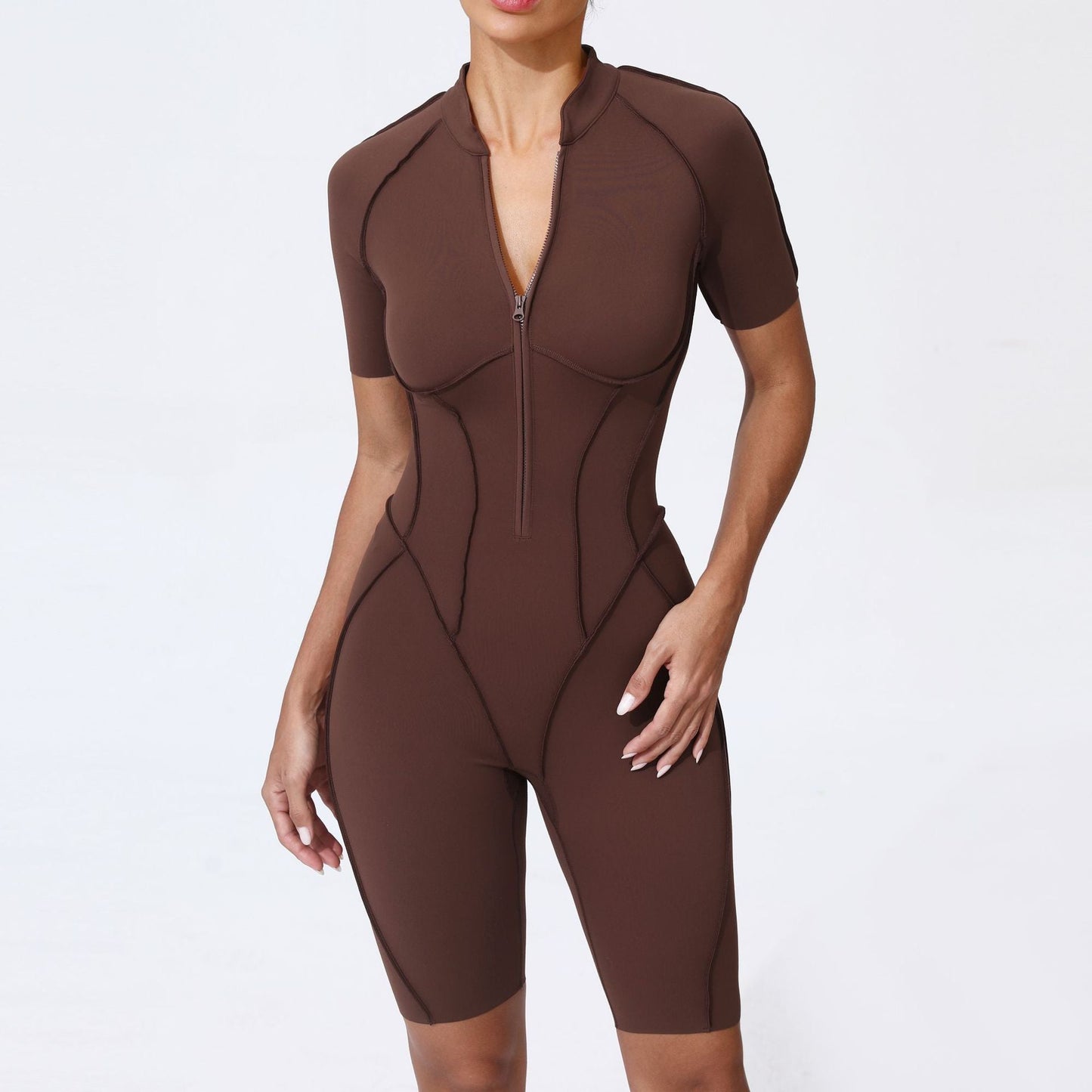 No Chest Pad Fitness Tight Sports One Piece Set Zipper Short Sleeve Yoga Jumpsuit