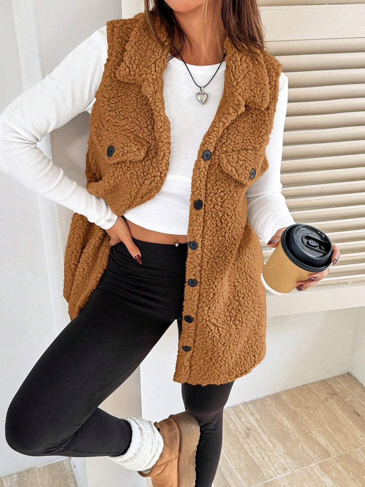 Fall Winter Lapels Open Buckle Plush Vest Cardigan Loose Office Faux Cashmere Women