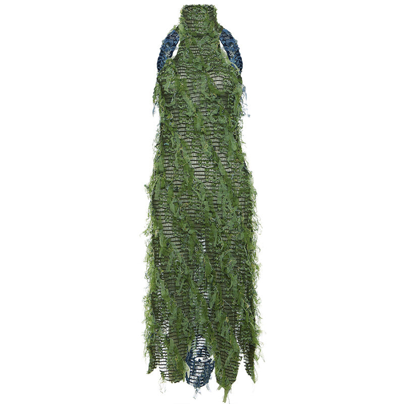 Fall Women Clothing Sexy Turtleneck Sleeveless Tassel See through High Waist Slim