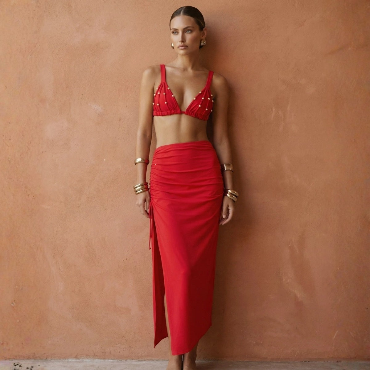 Triangle Sexy Bikini Red Split Swimsuit Set Women
