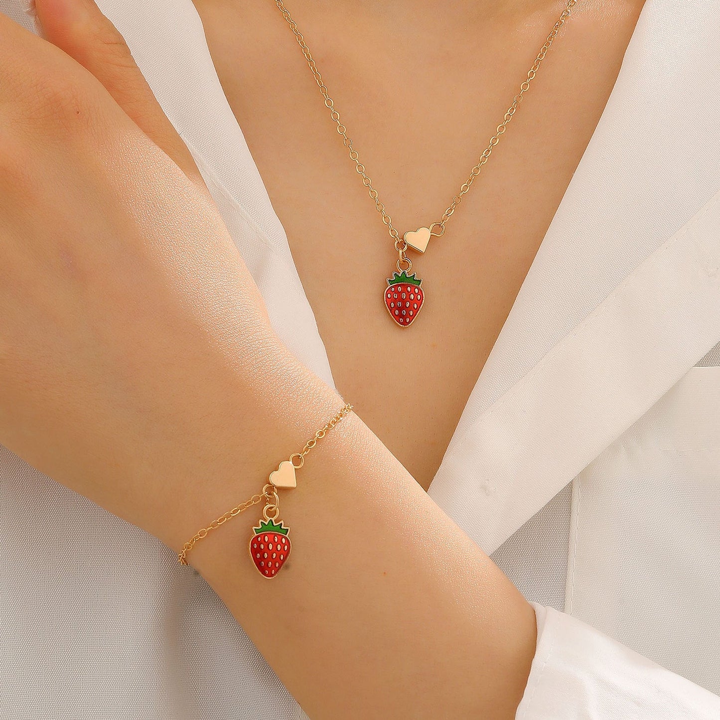 Alloy Cherry Strawberry Apple Pineapple Fruit Bracelet Necklace Jewelry Set