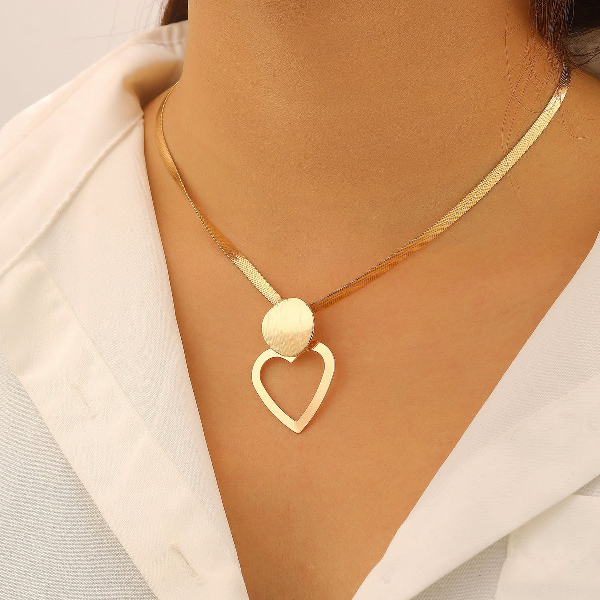 Creative Circle Heart Geometric Pendant Necklace & Earrings Elegant Jewelry Set