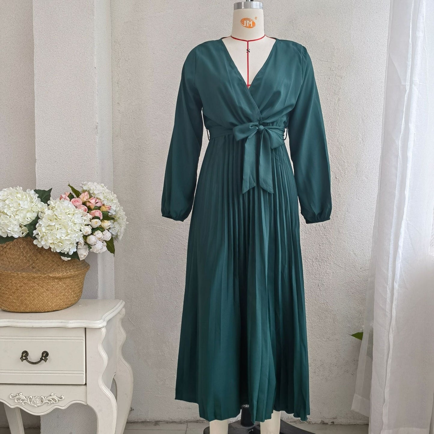 Popular Spring Summer Elegant Cross V neck Swing Pleated Dress Women Clothing