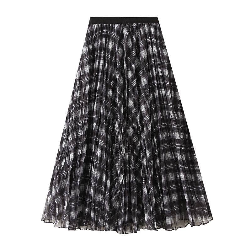 Fall Brown Plaid Skirt Women High Grade A line Large Hem High Waist Slimming Mid Length Skirt