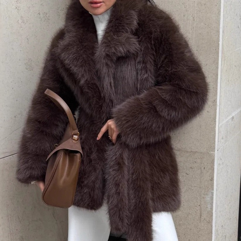 Winter Thickened Faux Fur Coat Women Mid Length Belt Fox Fur Overcoat Collar Plush Women Clothing