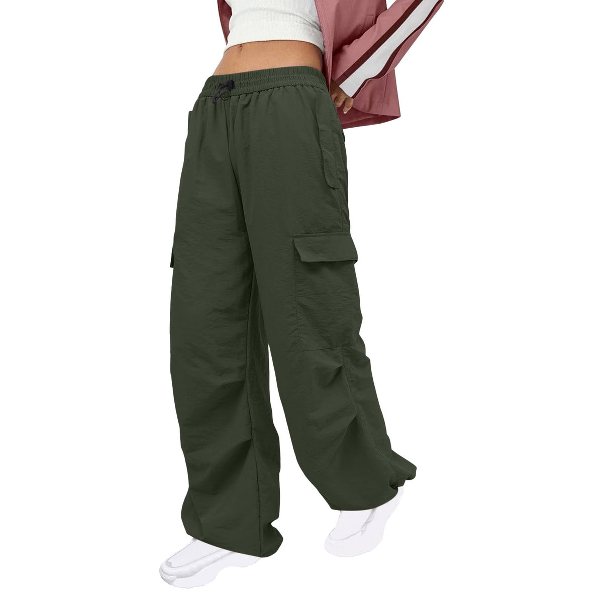 Women Clothing Solid Color Nylon Multi Pocket Loose Cargo Pants