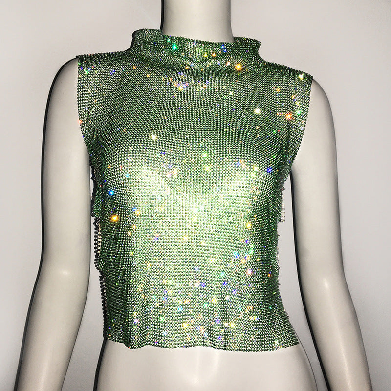 Women Clothing Full Diamond Vest Luxury Turtleneck Rhinestone Top Sexy Nightclub Sexy Vest