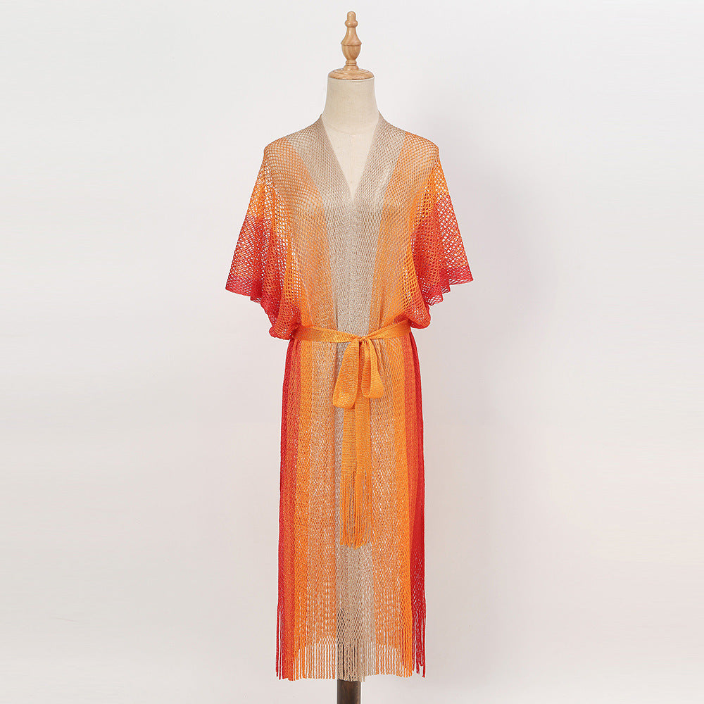 Summer Beach Sun Protection Shirt Gradient Color Lace Up Tassel Beach Cover Up Short Sleeve Knitted Long Cardigan